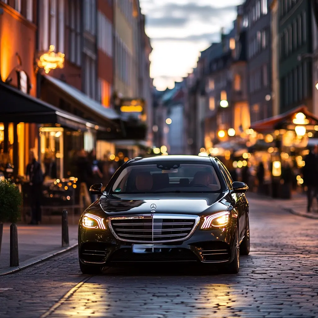 Mercedes S-Class chauffeur service on a Copenhagen street at night