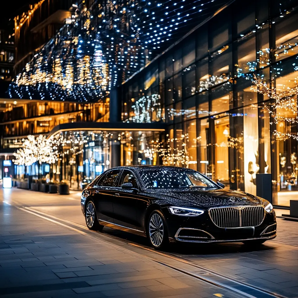 Luxury Mercedes limousine outside a Copenhagen hotel
